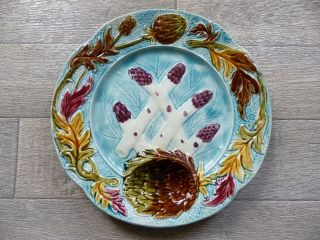 & Rare Antique French Majolica Asparagus & Artichoke Plate 1900 