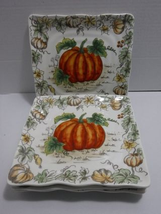 Maxcera Set Of 4 Pumpkins Porcelain Fall Thanksgiving 8.  5 " Square Salad Plates