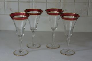 Vintage Clear Wine Glass Red And Gold Rim Set Of 4