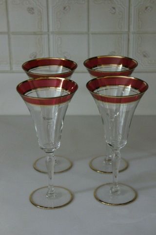 Vintage Clear Wine Glass Red and Gold Rim Set of 4 2