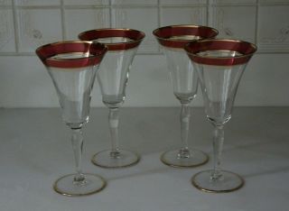 Vintage Clear Wine Glass Red and Gold Rim Set of 4 6