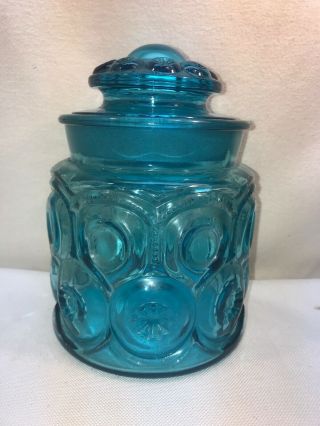 Vtg 1950’s L.  E.  Smith Daisy Button? Moon & Stars Blue Glass Canister Ginger Jar