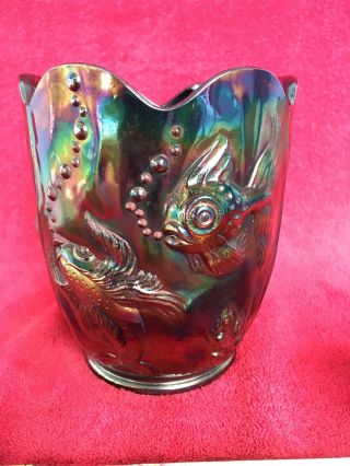 Vintage Fenton Dark Amethyst Carnival Glass Atlantis Koi Fish Vase Planter Rare