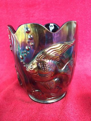 Vintage Fenton Dark Amethyst Carnival Glass Atlantis Koi Fish Vase Planter Rare 2