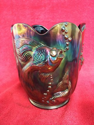 Vintage Fenton Dark Amethyst Carnival Glass Atlantis Koi Fish Vase Planter Rare 3