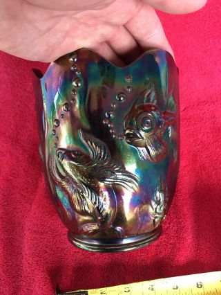 Vintage Fenton Dark Amethyst Carnival Glass Atlantis Koi Fish Vase Planter Rare 7