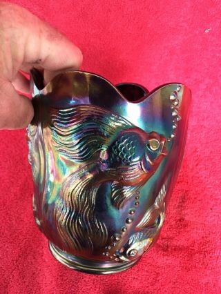 Vintage Fenton Dark Amethyst Carnival Glass Atlantis Koi Fish Vase Planter Rare 8
