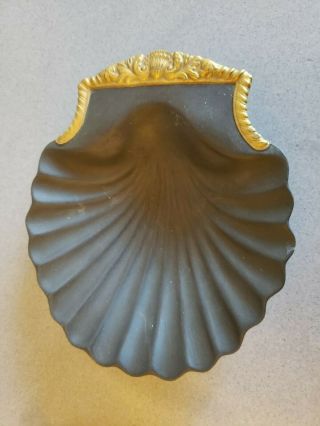 Mottahedeh Black Basalt Dish Shell Shaped Trimmed In Gold Vintage