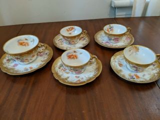 5 Charles Ahrenfeldt Limoges Hand Painted Gold Demitasse Cup & Saucer