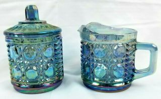 Iridescent Windsor Blue Indiana Carnival Glass Creamer & Sugar Bowl Set