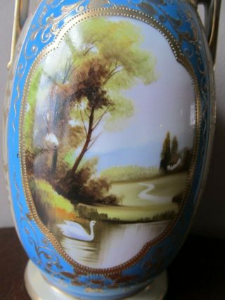 Antique Hand Painted NIPPON Two Handled VASE Green Wreath SWAN Pond Gold Trim 2