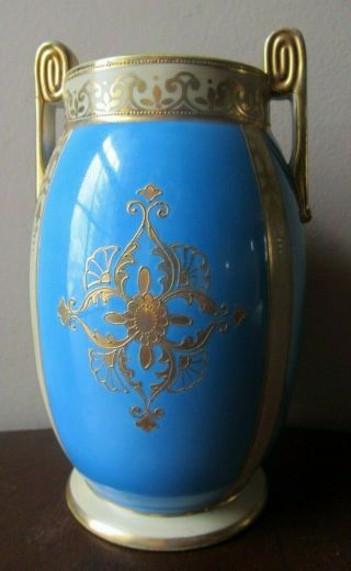 Antique Hand Painted NIPPON Two Handled VASE Green Wreath SWAN Pond Gold Trim 3