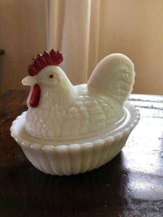 Westmoreland White Milk Glass Hen On Nest Covered Dish Hand Painted Red