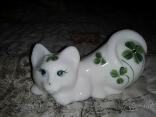 Fenton Art Glass White Milk Glass Laying Cat Hand Painted Signed