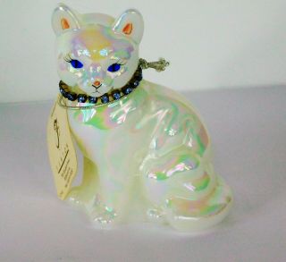 Fenton White Iridescent Art Glass Cat Figure December Signed Hand Painted