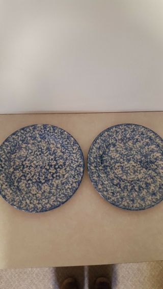 (2) Workshops Henn Pottery Roseville Blue Spongeware Dinner Plates 10in