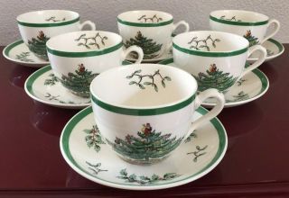 Spode Christmas Tree Tea Cups And Saucers Set Of 6