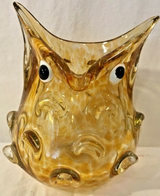 Mid Century Murano Art Glass Owl Vase Amber Glass Dish Blown Glass Owl