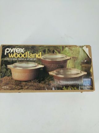 Pyrex 3 Piece Woodland Bake,  Serve & Store Set 470 - 6 1 Pint 1 1/2 Pint 1 Quart