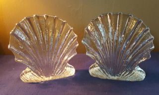Vintage " Blenko " Crystal Art Glass Sea Shell Bookends Mid Century Modern Label
