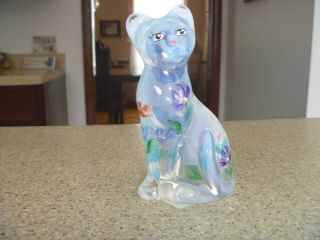 Fenton Glass " Opal,  The Little White Cat " H/p Poppies Approx 4 1/4 "