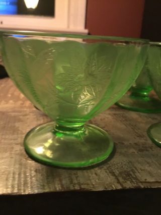 Green Depression Glass Floral / Poinsettia Sherbets Cups.  Set Of 8