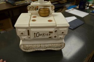 Mccoy Pottery Stove Oven Cookie Jar White Gold Accent Vintage