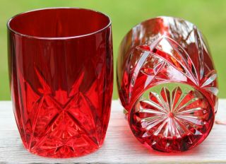 Marquis By Waterford Set/4 Ruby Red Brookside Pattern Dbl Old Fashioned Glasses