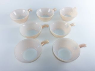 Vintage Fire King Oven Ware Handled Soup Bowls Peach Luster - Set Of 7