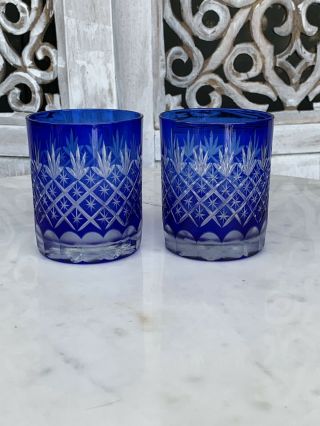 Vintage Rare - Czech Bohemian Cobalt Blue Crystal Whiskey Glasses - Set Of (2)