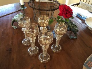 5 Roemer Hollow Stem German Wine Goblets Hand Painted & Enameled.  Numbered