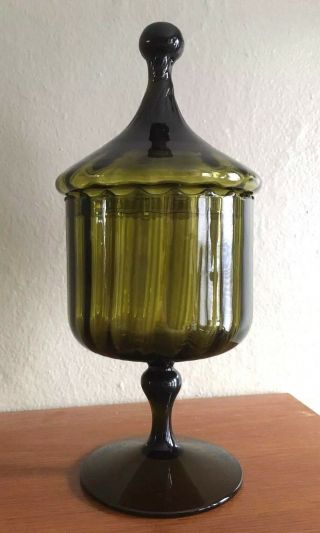 Vtg Italian Empoli Olive Green Optic Blown Glass Apothecary Jar.  Circus Tent Lid