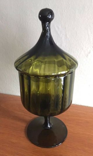 Vtg Italian Empoli Olive Green Optic Blown Glass Apothecary Jar.  Circus Tent Lid 2
