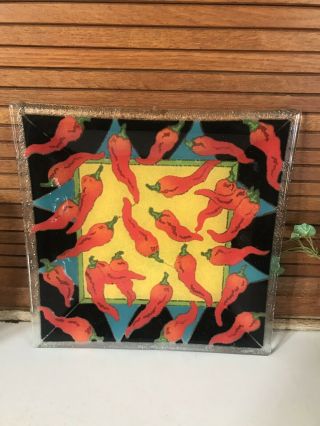 2008 Peggy Karr Studio Fused Art Glass Red Chili Peppers 9.  75 " Square Plate Tray