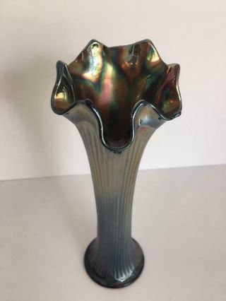 Vintage Fenton Fine Rib Carnival Glass Cobalt Blue Iridescent Swung Vase 9 "