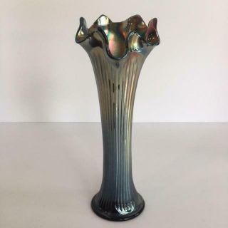 Vintage Fenton Fine Rib Carnival Glass Cobalt Blue Iridescent Swung Vase 9 