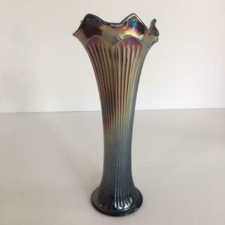 Vintage Fenton Fine Rib Carnival Glass Cobalt Blue Iridescent Swung Vase 9 