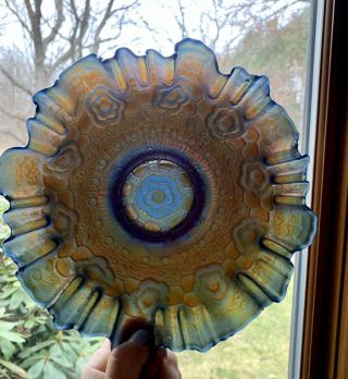 Antique Fenton Carnival Glass blue Captive Rose Fluted Bowl 3