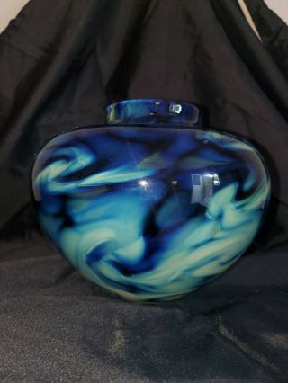 Hand Blown Blue Swirl Glass Vase 8 " Diameter 7 " Tall Signed By Artist