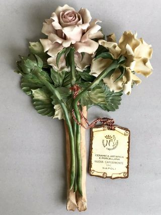 Vintage Capodimonte Flower Arrangement Roses Bouquet Home Ornament Made In Italy