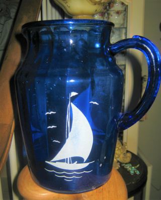 Vintage Cobalt Blue Glass Water Pitcher With Sailboats 9 Inch