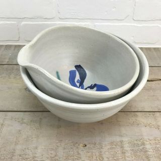 Pysht Pot Studio Pottery Bowls Set Of 2 Vtg 1985 Blue Irises Floral Ceramic