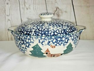 Folk Craft Cabin in the Snow Tienshan Stoneware Casserole Bowl Large RARE W/ LID 3