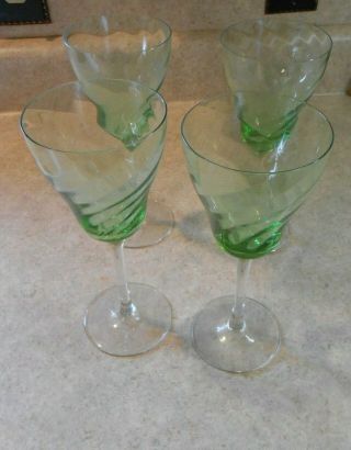 Vintage Green Swirl Depression Glass Goblets Water Glasses Clear Stem Four