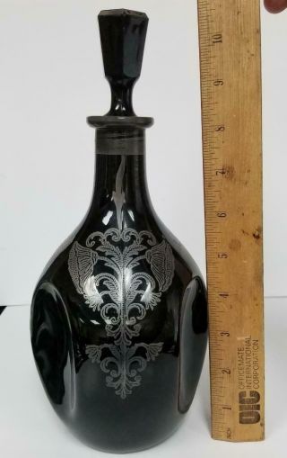 Antique Cambridge Glass Black Pinch Decanter Bottle Silver Overlay - Sterling?