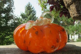 Studio Art Glass Pumpkin Molted Orange/copper Amber Twist Stem Glass Sculpture