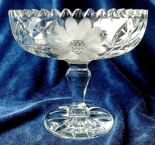 Antique American Brilliant Cut Glass Crystal Pedestal Bowl Floral Flower Pattern