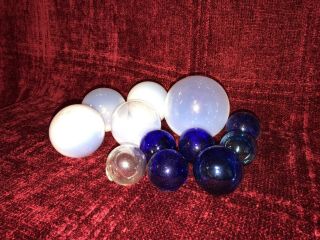 12 - Ct Blue,  White And Clear Hand Blown Glass Balls,  Small Spheres