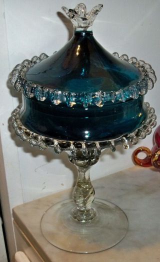 Murano Glass Covered Compote Hand - Blown Italy Venetian Teal Blue And Clear