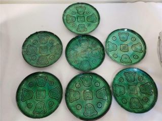 = Vintage Oaxaca Mexico Green Pottery 6 1/2 " Plate Very Rare Set Of 7